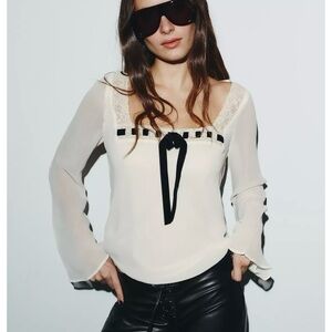 NWT ZARA GEORGETTE LACE BOW SHIRT